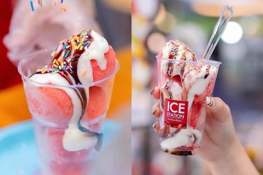 ICEStation ไอศกรีมสตรอว์เบอร์รีโยเกิร์ต เกล็ดหิมะ แฟรนไชส์ของหวานไอศกรีม