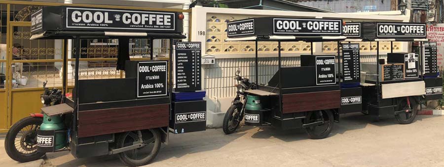 Cool Coffee แฟรนไชส์กาแฟสด รูปแบบเคลื่อนที่ รถพ่วงกับมอเตอร์ไซต์